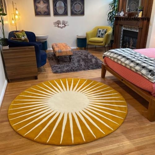 Handmade Round Vasarely Area Rug 100% New Wool Modern for Living Room Bedroom Kids Room Kitchen Office Decor (Mustard, 5x5' Round) - color: Mustard, size: 5x5' round