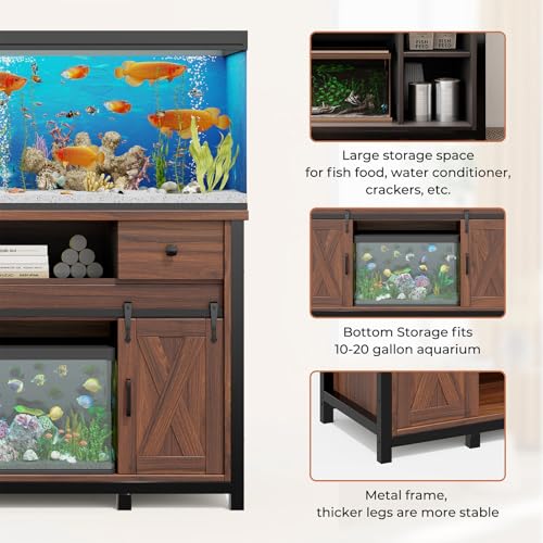 Farmhouse Fish Tank Stand w/Power Outlet – Heavy Duty Aquarium Cabinet, 800 lb Capacity, Adjustable Storage, Thickened MDF & Steel Frame, Sliding Barn Doors, (Light Brown, 75-120 Gallon)