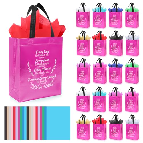 LUAVIARU 40 Pcs Bible Verse Christian Gift Bags Set – 20 Rose Red Reusable Gift Bag with Handles & 20 Tissue Paper, Religious Gift Bag for Church Events, Baptism, Easter, Communion, Congratulations - color: Rose Red, size: 20