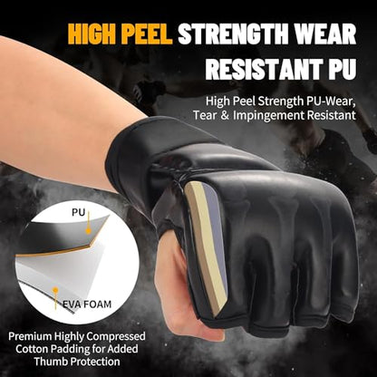 MMA Gloves, Half-Finger Boxing Fight Gloves MMA Mitts with Adjustable Wrist Band UFC Gloves for Sanda Sparring Punching Bag Training (One Size Fits Most) - color: Black