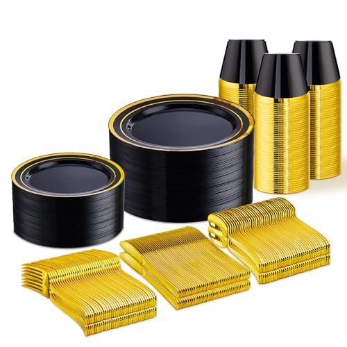 WELLIFE Black and Gold Plates, Plastic Dinnerware Set for 50 Guests - color: Black/Gold, size: 50 Guests