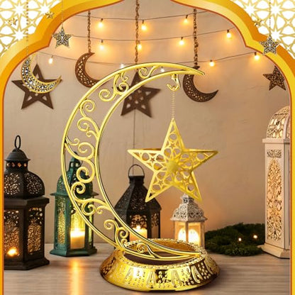 MorningRo Ramadan Decorations Plastic Eid Mubarak Table Decoration Moon Hollow Star Centerpiece Gold Ramadan Mubarak Ornament Kareem Table Signs for Home Decor Islamic Muslim Gifts - style: Classic