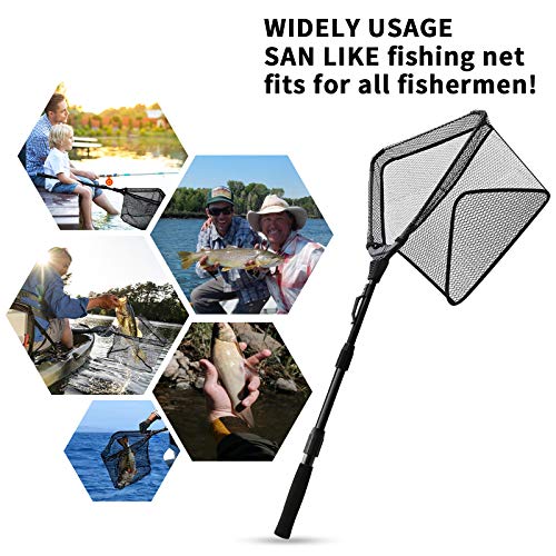 SANLIKE Collapsible Telescopic Fishing Net Rubber Coated Salt/Freshwater | Rubber coated net, fiberglass pole, non-slip rubber handle, various telescopic sizes, one-click storage - color: Black, size: 17 inches to 43