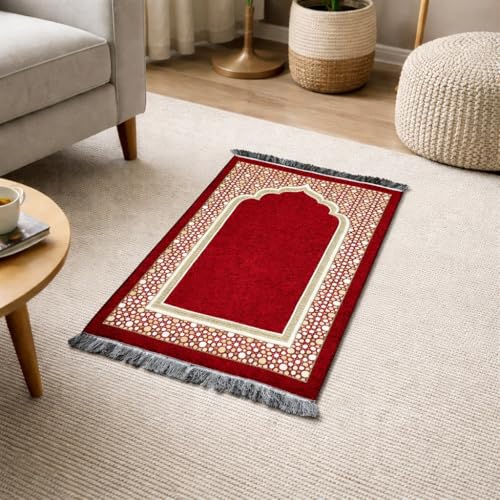 Modefa Turkish Islamic Prayer Mat - Thin Woven Chenille Sajjadah - Intricate Praying Rug Ramadan Eid Gift - Traditional Muslim Janamaz Sajada for Men Women - Geometric Selcuk Star (Red) - color: Red