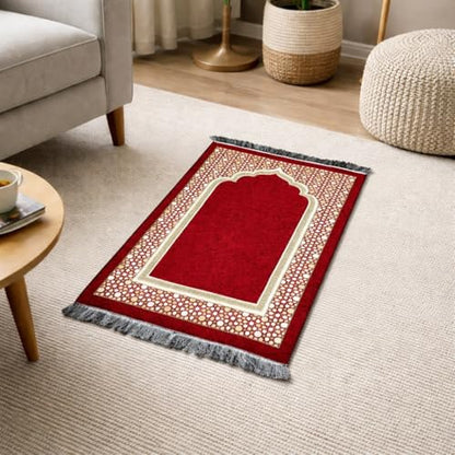 Modefa Turkish Islamic Prayer Mat - Thin Woven Chenille Sajjadah - Intricate Praying Rug Ramadan Eid Gift - Traditional Muslim Janamaz Sajada for Men Women - Geometric Selcuk Star (Red) - color: Red