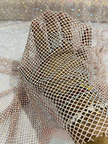 New Creations Fabric & Foam Inc, 45" Wide AB Iridescent Rhinestone On Soft Stretch Fish Net Fabric by The Yard (1 Yard, Iridescent Rhinestones on Blush Mesh) - color: Iridescent Rhinestones on Blush Mesh