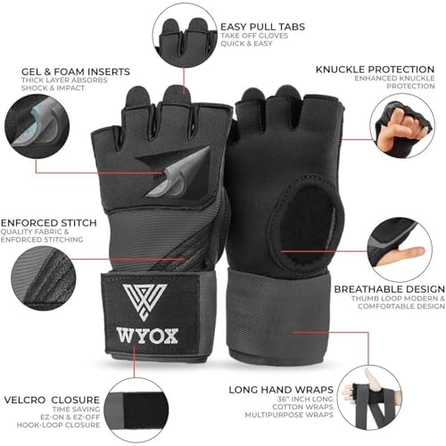 WYOX Gel Boxing Hand Wraps & Curved Focus Mitts Bundle for Men & Women Adults – 80cm Wrist Straps, Padded Knuckle Support, Neoprene Inner Glove Gel Padding, MMA Muay Thai Kickboxing Training Pads