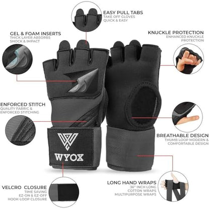 WYOX Gel Boxing Hand Wraps & Curved Focus Mitts Bundle for Men & Women Adults – 80cm Wrist Straps, Padded Knuckle Support, Neoprene Inner Glove Gel Padding, MMA Muay Thai Kickboxing Training Pads