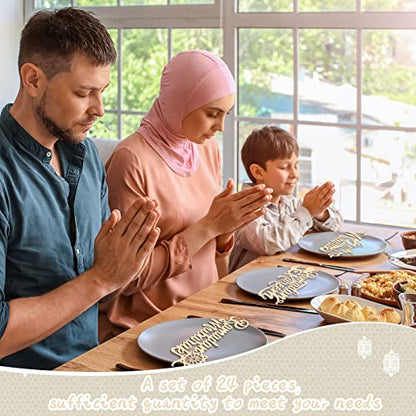 24 Pieces Eid Mubarak Plate Setting Hanging Wooden Word Eid Wood Sign Kareem Moon Star Ramadan Decorations Islamic Table Decor for Al Adha Muslim Home Pendant Wall Party Ornaments