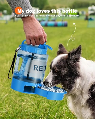 77oz Large Dog Water Bottle - Portable Travel Dog Water Dispenser & Bowl - Leak-Proof Pet Water Jug for Hiking, Camping, Walking & Car Trips, Blue