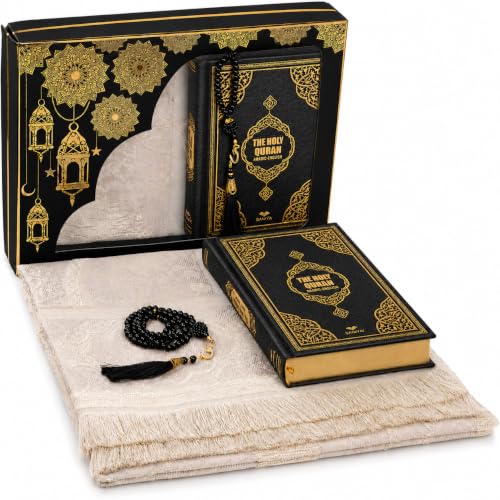 ihvan online Prayer Gift Box for Hajj and Umrah, Quran with English Translation, Muslim Prayer Rug, Islamic Mat, Holy Quran,99 Pearly Beads Tesbih, Islamic Deluxe Set for Ramadan & Eid Gift - color: Black / Set 1