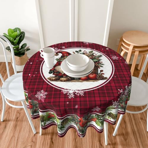 Christmas Bird Gnome Tablecloth Red Plaid Round Table Cover Washable Table Cloth for Home Kitchen Party Picnic 60 Inch - color: Christmas Bird Gnome