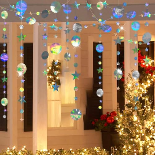 Cheerland Iridescent Party Decorations Holographic Star Garland Hanging Stars Moon Streamer Galaxy Birthday Decorations Ramadan Eid Banner Baby Shower Backdrop Space Alien Celestial Party Decor