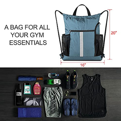 BeeGreen Blue Sport Cinch Bag String Backpack with Shoe Compartment and Two Side Mesh Pockets Machine Washable Sturdy Gymsack Drawstring Sackpack - color: Blue Haze, style: Drawstring With Shoe Compartment