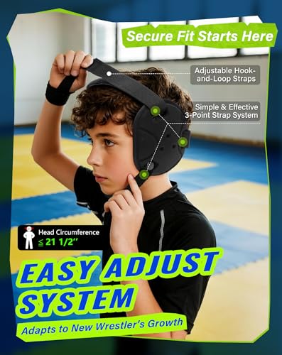 Trymaker Wrestling Headgear, Head Gear for Youth with Chin Cup & Pad, Dual Ear Guard for MMA, BJJ (Head Under 21", Ages 4–9) - color: Black Headgear & Black Strap