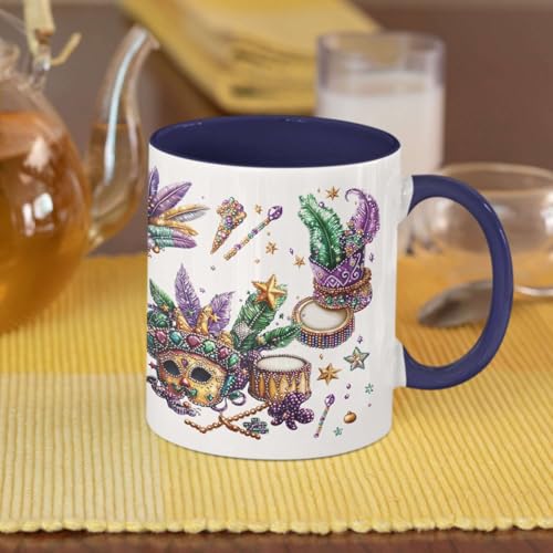 Customized Name White Coffee Cup, Custom Sparkling Mardi Gras Stickers Full Wrap Mug, Personalized Festive Mask With Feathers And Drums Mug, Festive New Orleans Ceramic Cup 11oz 15oz - color: XUA-1124-3657-Mardi Gras Mug