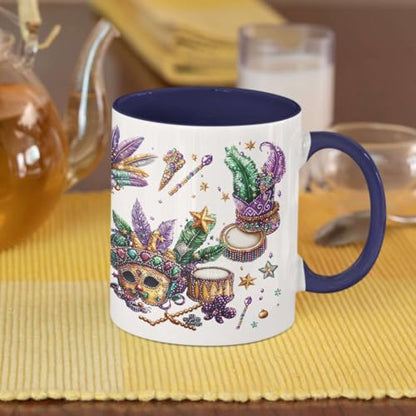 Customized Name White Coffee Cup, Custom Sparkling Mardi Gras Stickers Full Wrap Mug, Personalized Festive Mask With Feathers And Drums Mug, Festive New Orleans Ceramic Cup 11oz 15oz - color: XUA-1124-3657-Mardi Gras Mug