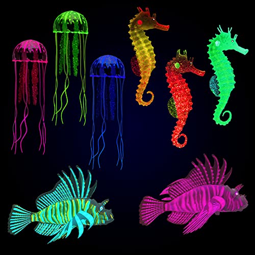 Patelai 8 Pcs Glow in The Dark Jellyfish Aquarium Decorations 8 Pcs Silicone Floating Fake Fish Tank Decor Set with Lionfish Seahorse Floating Aquarium Decor (Dreamy Color)