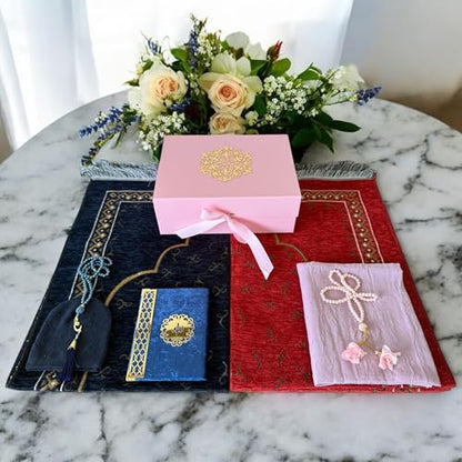 SAIKA 7 Pieces Prayer Rug Set, Prayer Rug Set for Couples & Families, Prayer Beads, Scarf, Muslim Hat, Prayer mats & Short Surahs Book, Islamic Gift, Janmaz, Salah mat, Rmadan Gift (Rose Box Set) - color: Rose Box Set