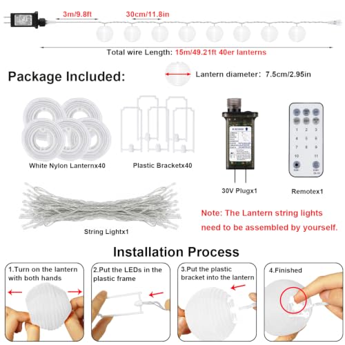 StarryEver Lantern String Lights Outdoor Plug in, 40Ft Connectable Warm White & White Lantern Lights with Remote Control, 40 LEDs String Lights Outdoor for Patio Balcony Garden Bedroom - size: 40ft warm white+white