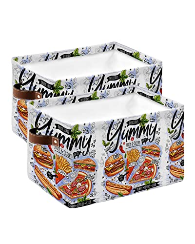 2 PCS Large Storage Baskets Bins Fast Food Collapsible Storage Box Laundry Organizer for Closet Shelf Nursery Kids Bedroom Delicious Pizza French Fries Burger Sandwich - size: 2 PCS-15x11x9.5 Inches