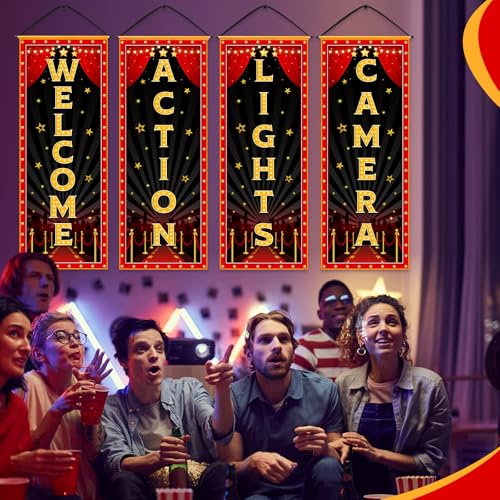 Panelee 4 Pcs Movie Night Porch Banner Movie Themed Party Decorations Theater Welcome Lights Camera Action Front Door Sign Hanging Decoration for Home Photo Film Booth Backdrop Party Supplies - style: Movie Night