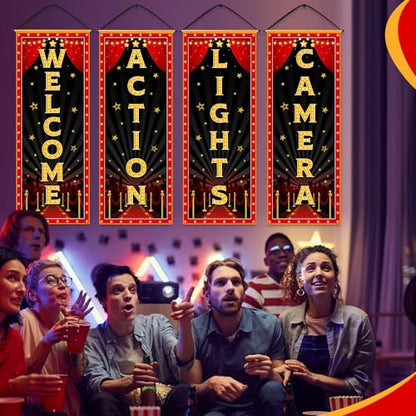 Panelee 4 Pcs Movie Night Porch Banner Movie Themed Party Decorations Theater Welcome Lights Camera Action Front Door Sign Hanging Decoration for Home Photo Film Booth Backdrop Party Supplies - style: Movie Night