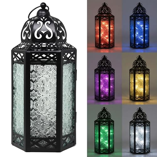 Vela Lanterns Decorative Indoor Fairy Light Color Changing Candle Holder, L | Diwali Ramadan & Eid Decorations, Fantasy Multicolor Moroccan Decor, Turkish Metal Hanging Lamp, Outdoor, 12" Tall - color: Black/Multicolor, size: Large