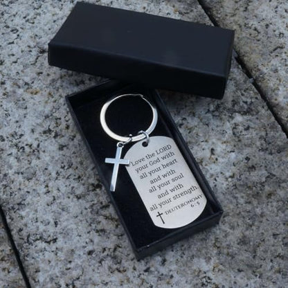 Inspirational Scripture Keychain with Cross - Bible Verse Matte Key Chain Religious Gift for Christian - style: Deuteronomy 6:5