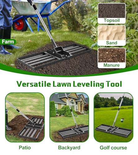Lawn Leveling Rake 30x10, 6.2FT Heavy Duty Yard Leveler for Dirt & Soil | 30x10" Mn Steel Plate Levels Dirt, Soil & Sand, Stainless Adjustable Long Handle , Garden & Golf Course Leveling