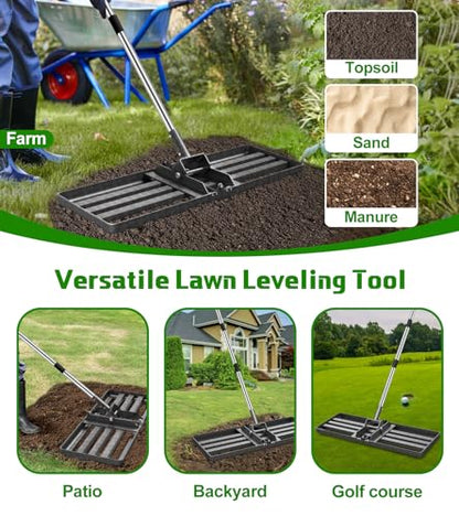 Lawn Leveling Rake 30x10, 6.2FT Heavy Duty Yard Leveler for Dirt & Soil | 30x10" Mn Steel Plate Levels Dirt, Soil & Sand, Stainless Adjustable Long Handle , Garden & Golf Course Leveling