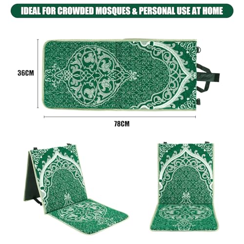 Foldable Thick Prayer Rug with Back Support, Portable Prayer Mat Set Green | 36x78cm Islamic Prayer Mat, Includes Kufi Hat & 99 Beads Tasbih, Meditation Rug for Muslim, Ramadan Gift Set - color: Green