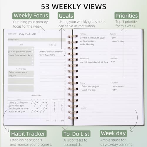 Undated Weekly and Monthly Planner Spiral Bound- Weekly Goals Notebook, To Do List, Habit Tracker Journal, Academic, Aesthetic, Stylish School or Office Supplies(6.1" x 8.4" - Green) - color: A-Green