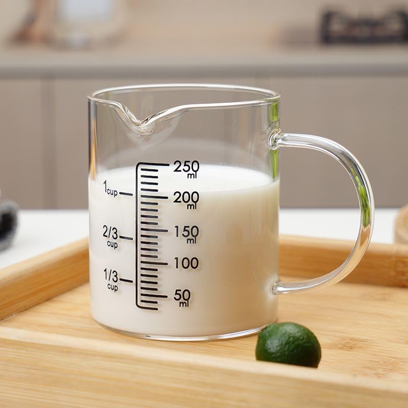 Glass Measuring Cup with V-Shaped Spout, High Borosilicate Glass, Capacity, Easy-Read Scale 250ml - color: Clear