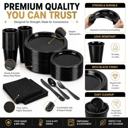 Tinybee 352 Pcs Black Plastic Plates, Disposable Dinnerware Set for 50 - color: Black