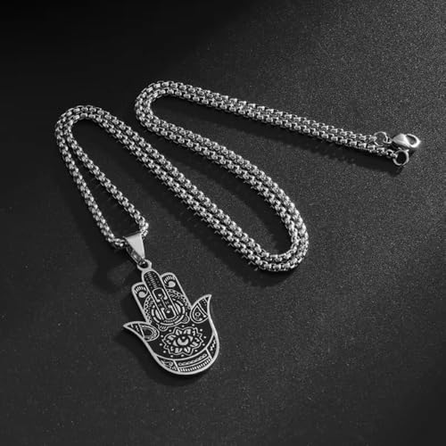 Classic Stainless Steel Devil's Eye Hand of Fatima Pendant Necklace for Men and Women Fashion Exorcism Amulet Jewelry Gift - color: silvery