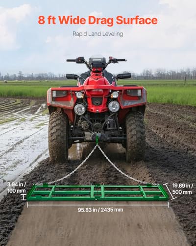 VEVOR Drag Harrow, 8 ft Heavy Duty Tow Behind Drag Harrow with Adjustable Bars & 72 in Chain, Driveway Grader Landscape Rake for ATV, UTV, Tractor, Mower Tow Behind Yard Lawn Leveling Tool - size: 8 FT- Green