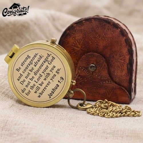 Compass – Brass Directional Vintage Compass Engraved with “Be Strong and Courageous” Joshua 1:9 Bible Verse, Baptism 2026 Communion Christian Inspirational Gifts for Women/Men - style: Be Strong- Leather Case