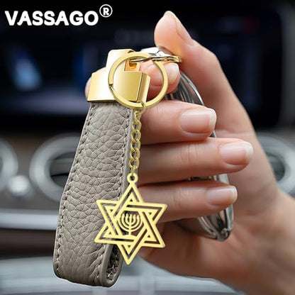VASSAGO Star of David Keychain for Women Men Jewish Star Menorah Keyring Stainless Steel Hanukkah Keychain Religious Jewelry - color: Gold+silver