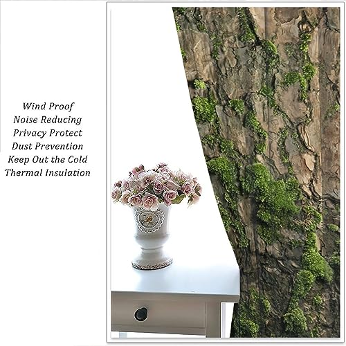 Brown Tree Bark Retro Curtains Natural Plant Green Moss Rustic Country Old Trunk Wood Art Print Rod Pocket Blackout Window Treatment for Bedroom Kitchen Living Room Home Decor Window Drapes 42x45in