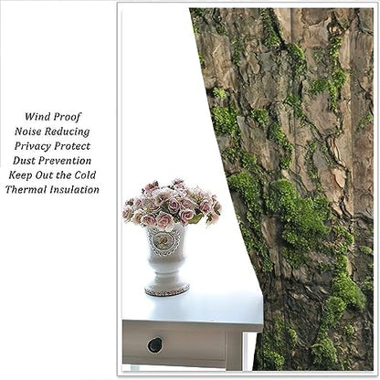 Brown Tree Bark Retro Curtains Natural Plant Green Moss Rustic Country Old Trunk Wood Art Print Rod Pocket Blackout Window Treatment for Bedroom Kitchen Living Room Home Decor Window Drapes 42x45in