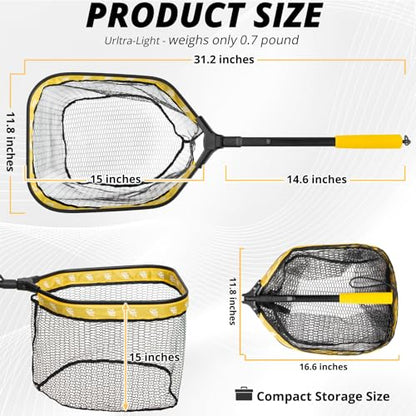 Floating Fishing Net for Fly Fishing, Foldable Landing Net | 31.2" Length, 15"x11.8" Hoop, Fish Net with Rubber Coated Polyethylene Mesh for Bass, Trout, Kayak & Boat Fishing - color: Yellow
