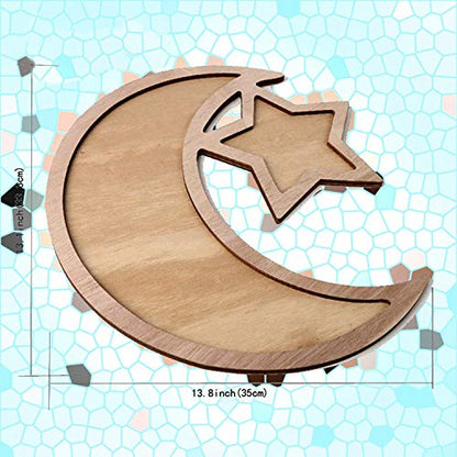 Ramadan Tray, Ramadan Wood Tray Moon Star Eid Mubarak Dessert Tray Ramadan Decorations, DIY Serving Tableware for Breakfast Dinner Dessert Pastry Display Holder Eid Decoration Ornament