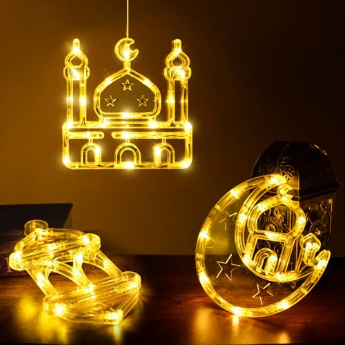 LOLStar Ramadan Decorations, 3 Pack Warm White Lantern, Moon, Mosque Eid Mubarak Window Lights Battery Operated Hanging LED Lights with Timer Function & Slow Fade Mode, Perfect Decor for Eid al Fitr - style: Lantern, Moon, and Mosque