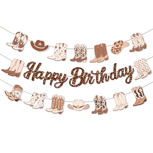 3Pcs Brown Western Cowboy Happy Birthday Banner Cherry Bow Boots Party Hanging Banner Cowboy Theme Birthday Bridal Wedding Baby Shower Boys Girls Kids Home Classroom Party Supplies Decoration - color: Brown