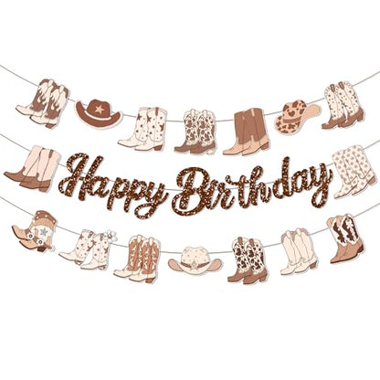 3Pcs Brown Western Cowboy Happy Birthday Banner Cherry Bow Boots Party Hanging Banner Cowboy Theme Birthday Bridal Wedding Baby Shower Boys Girls Kids Home Classroom Party Supplies Decoration - color: Brown