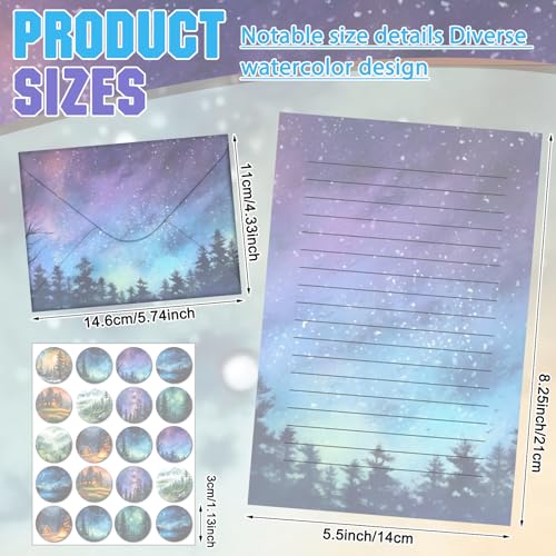 TaoBary 160 Pcs Stationery Paper Set 50 Double Sided Stationery Paper with 50 Matching Envelope and 60 Round Dot Sticker, 10 Design (Whimsical Watercolor Illustration Starry Night Sky,8.25 x 5.5 Inch) - size: 8.25 x 5.5 Inch, style: Whimsical Watercolor I