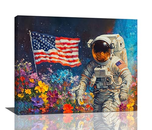 Astronaut Wall Art Outer Space Flowers Pictures Wall Decor American Flag Canvas Prints Painting Framed Modern Artwork Home Decoration for Living Room Bathroom Bedroom Office 16"X20" - color: Astronaut, size: 16"L x 20"W