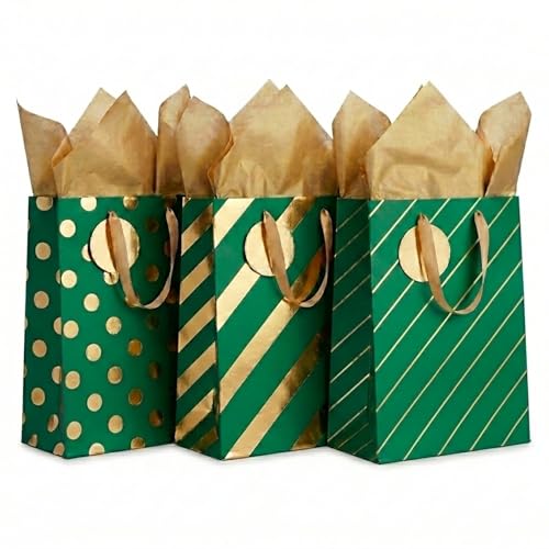 MilkToast Brands 3 Pack Medium Gift Bags Set – Green & Gold Designs (Polka Dot, Stripes) with Tissue Paper & To/From Tags – Premium Birthday, Holiday Gift Wrapping Bags (Green) - color: Green & Gold