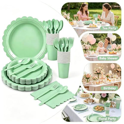 HoMaNa 175 Pcs Party Plates Set - 9" Dinner Plates & 7" Dessert Plates, 9 oz Paper Cups, Napkins, Paper Cutlery for 25 Guests – Birthday Party, Wedding, Baby Shower Tableware,Green